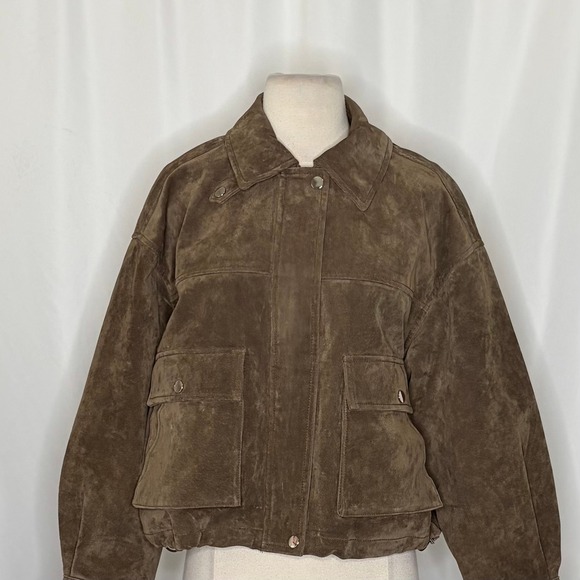 ZARA Suede Leather Bomber Jacket Pockets Outdoors Taupe Streetwear Brown Small - Picture 4 of 15
